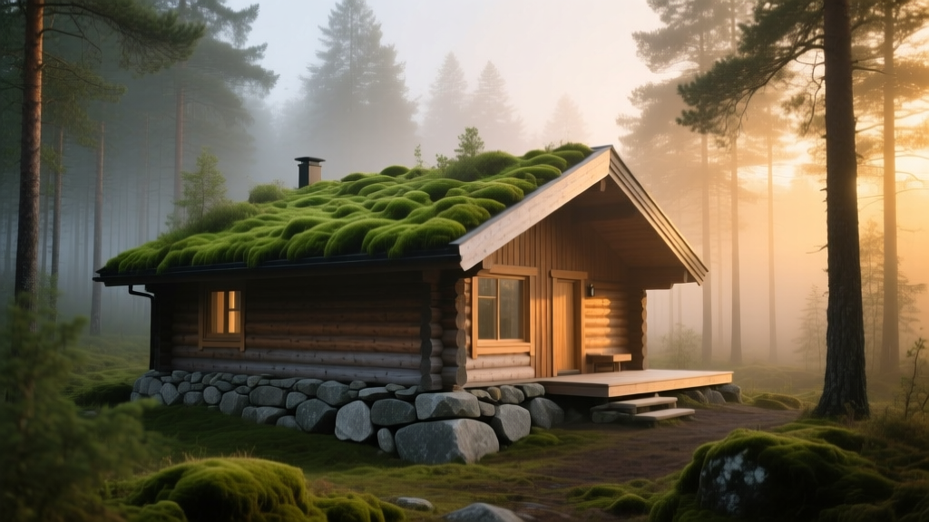 Rustic Nordic timber cabin with a living sedum green roof and dry-stacked stone foundation nestled in a dense pine forest at dusk