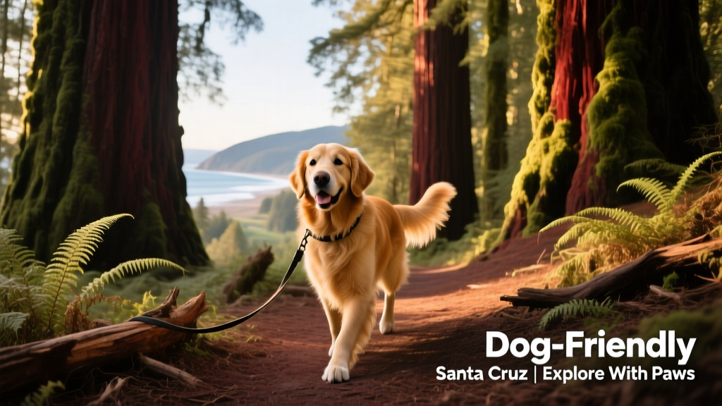 A dog hiking on a shaded redwood trail in Henry Cowell Redwoods State Park