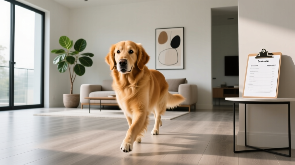 Golden retriever walking on luxury vinyl plank flooring in a modern living room with a cost estimation clipboard resting on a nearby table