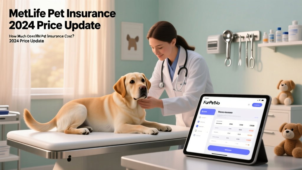 Veterinarian examining a calm Labrador in an exam room, with digital tablet showing FurPetVo app interface