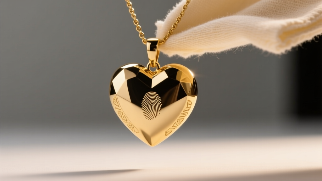 Macro shot of a 14k gold floating heart pendant wiped with a microfiber cloth, soft warm lighting, sharp focus on polished metal.