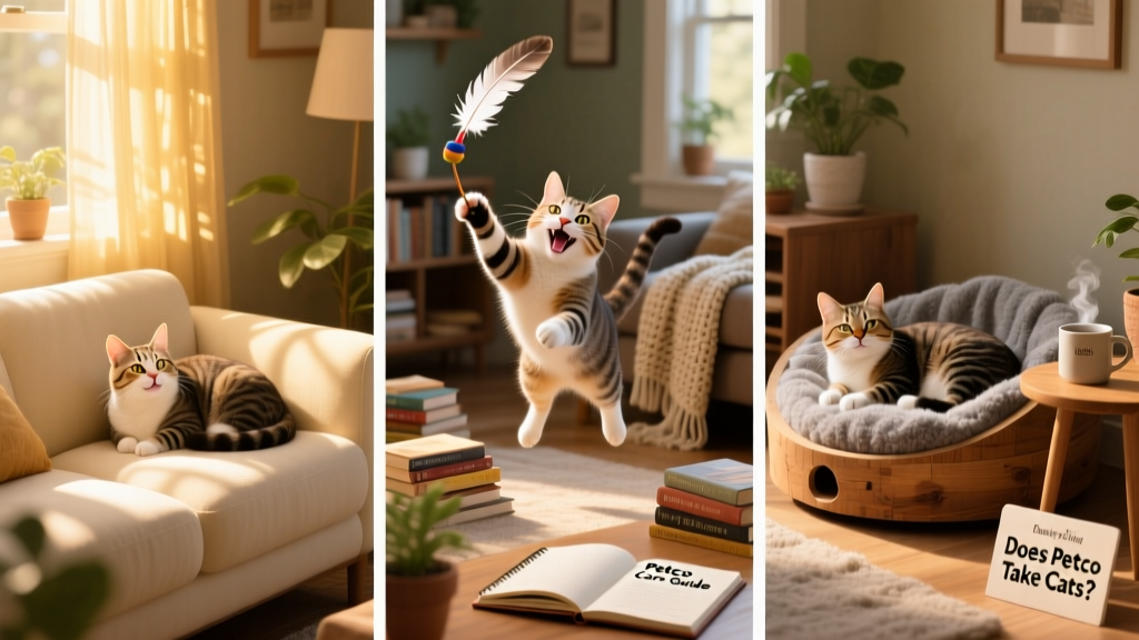Collage showing happy cats in different home settings: one curled on a sunlit couch, another playing with a feather toy, and a third sleeping peacefully in a cozy cat bed