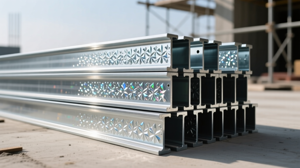 Galvanized steel framing studs and tracks stacked on-site, showing the crystalline spangle pattern of the protective zinc coating