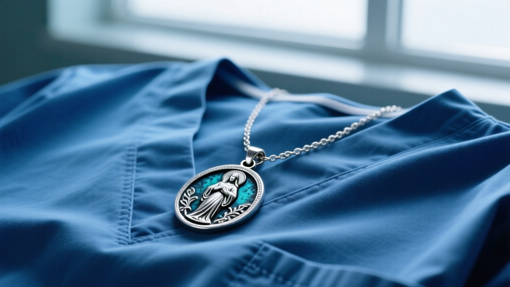 Sterling silver saint medal necklace on blue scrubs, showing deep patina in engraved recesses under cool lighting.