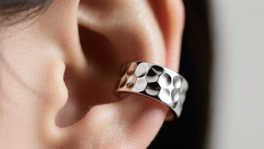 Macro shot of a silver hammered ear cuff on cartilage, showing organic indentations and polished edges in soft studio lighting