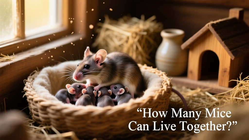 Mother mouse nursing pups in a cozy, well-bedded nesting box