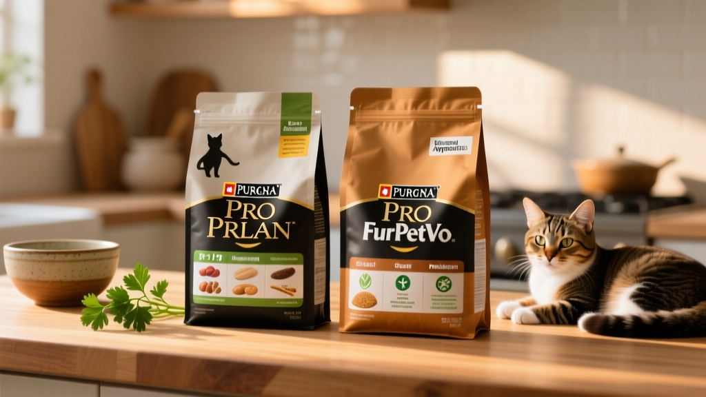 Close-up of ingredient panels from Purina Pro Plan and FurPetVo bags, highlighting differences in first five ingredients and probiotic labeling