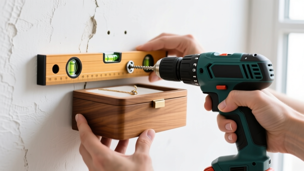 Hands using a bubble level and drill to install a drywall anchor for a wooden wall mount jewelry box on a textured white wall