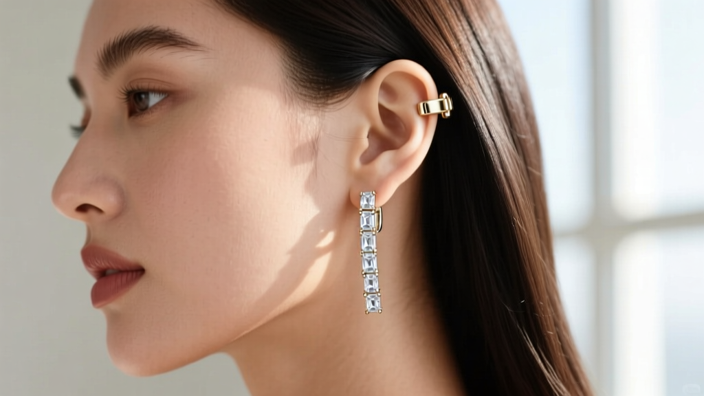 Side profile of model wearing 18k white gold baguette diamond huggie hoops, showing the secure clicker clasp and ear lobe fit