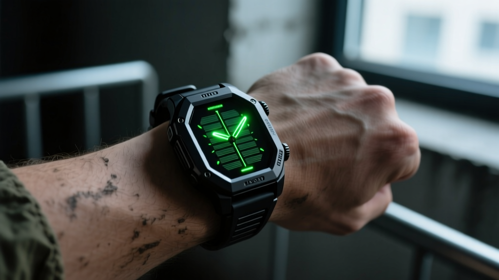 Close-up of a rugged solar-powered tactical smartwatch on a wrist, glowing with a green night-vision compatible digital interface in low light.