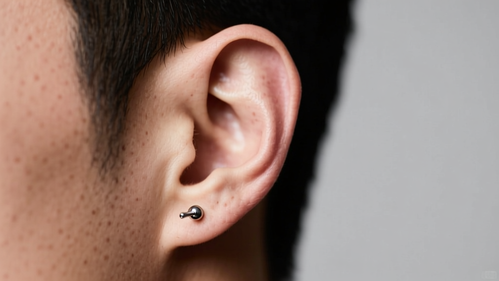 Side profile of a male ear showing precise lower lobe piercing placement with a titanium stud, clean studio lighting, sharp focus.