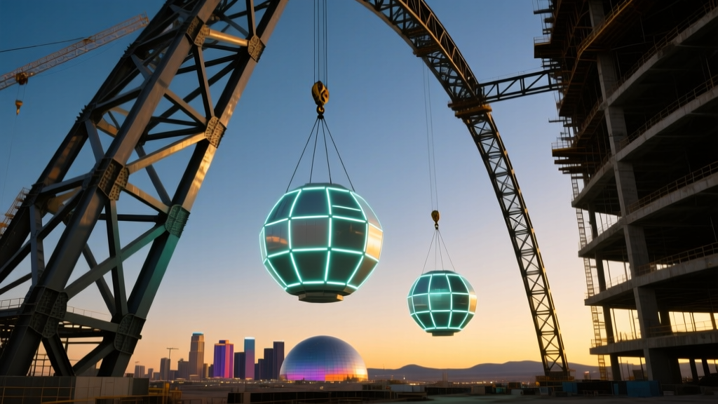 Massive steel trusses and custom LED exosphere panels being hoisted into place at the Las Vegas Sphere construction site at twilight