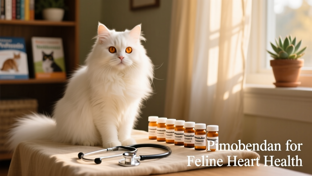 Persian cat sitting calmly beside labeled pill vials and a veterinary stethoscope