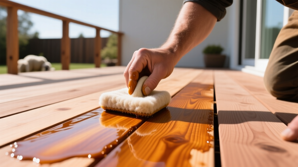 Worker applying rich amber oil-based penetrating sealer to western red cedar deck boards using a lamb wool applicator pad