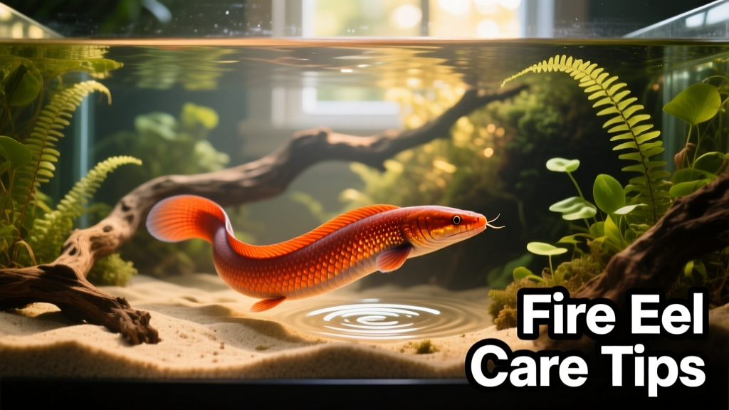 A mature fire eel gliding through a well-planted aquarium with sandy substrate and driftwood
