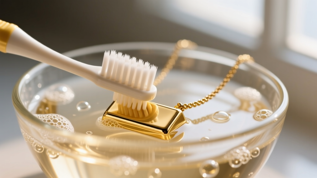Soft toothbrush cleaning the inner curve of a gold bar necklace in a glass bowl of warm soapy water, macro style