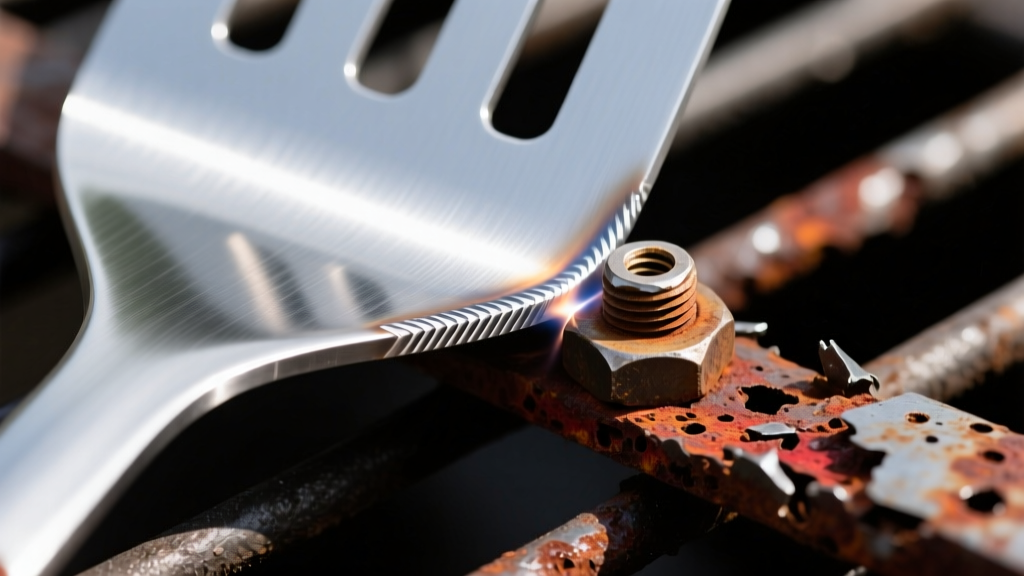 Metallurgical macro photography showing a smooth TIG welded joint on a grill spatula neck compared to a corroded mechanical rivet joint