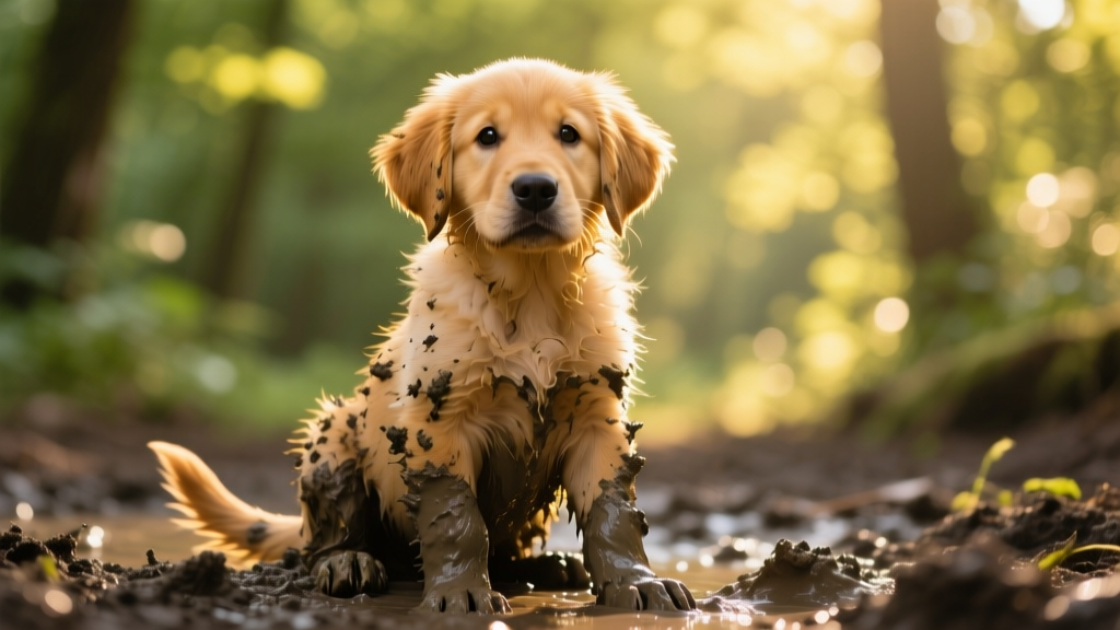 Golden Retriever puppy covered in mud, sitting proudly with head held high