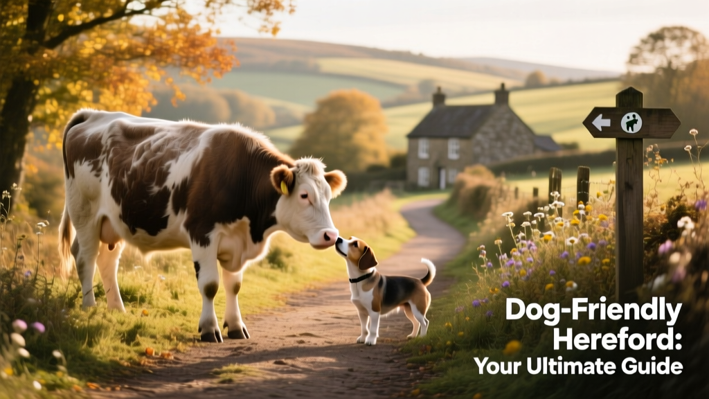 a cow and small dog touching noses on a dog-friendly trail in Hereford