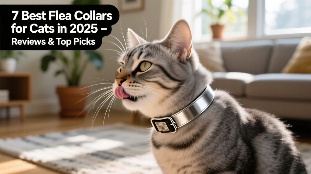 Close-up of a cat wearing a sleek, adjustable flea collar while grooming