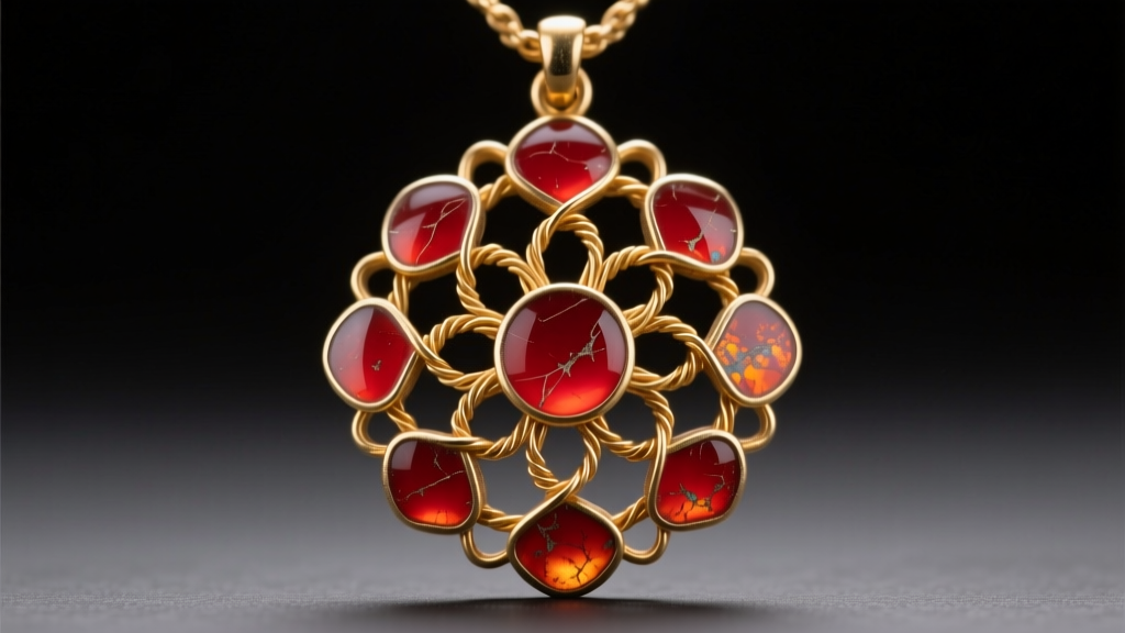 Macro view of antique Japanese cloisonne pendant showing microscopic gold wires and translucent red enamel under studio lighting
