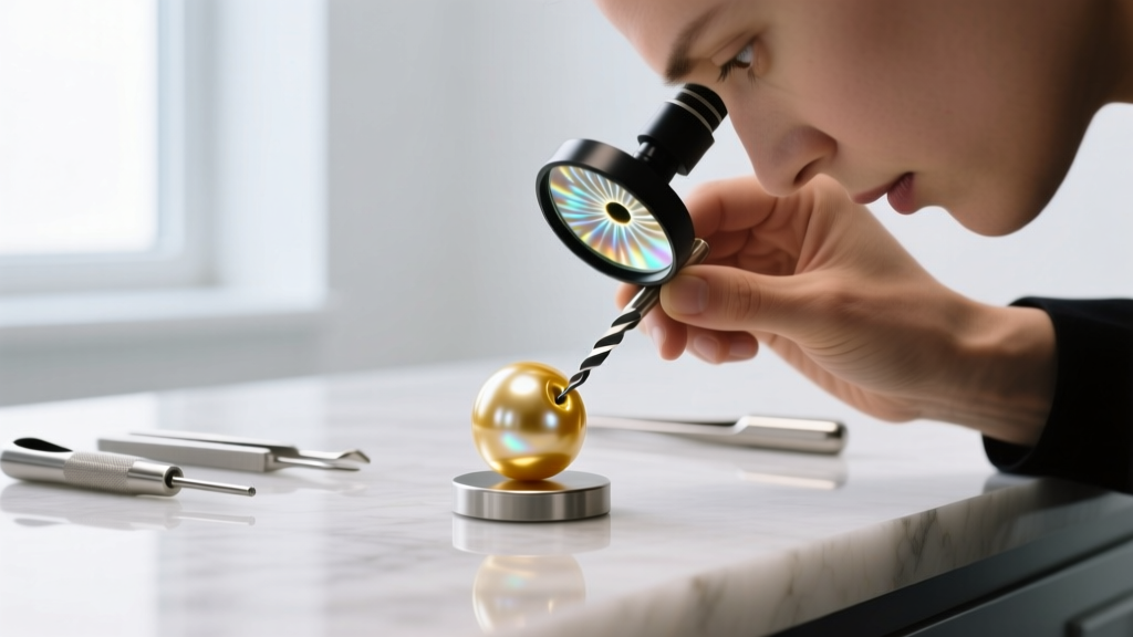 Jeweler inspecting a golden pearl drill hole with a 10x loupe for dye concentration against a clean white gemological workspace.
