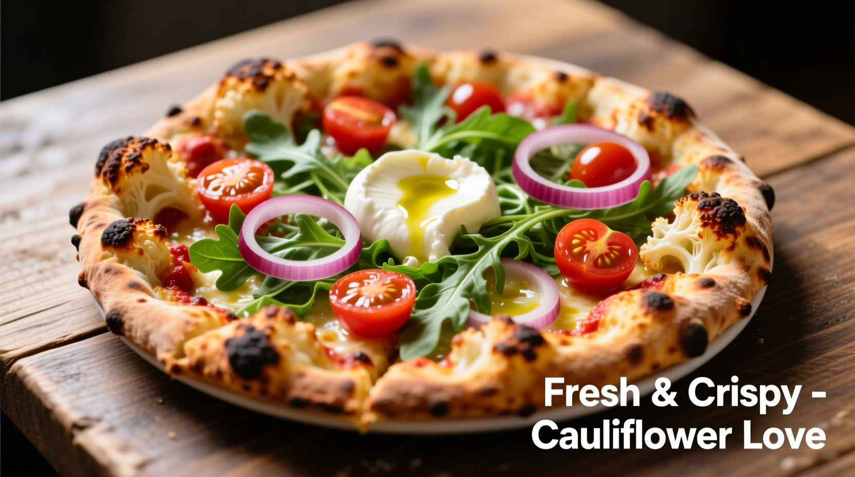 Crispy golden cauliflower pizza crust topped with fresh ingredients