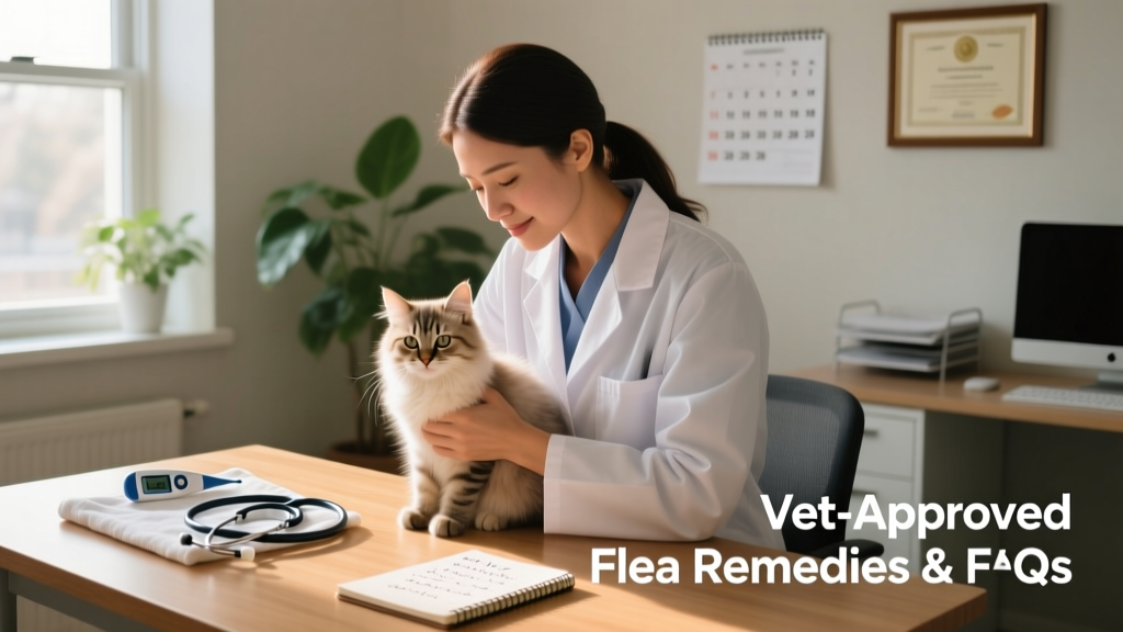 Veterinarian gently holding a calm kitten during an office exam, with a digital thermometer and stethoscope visible nearby