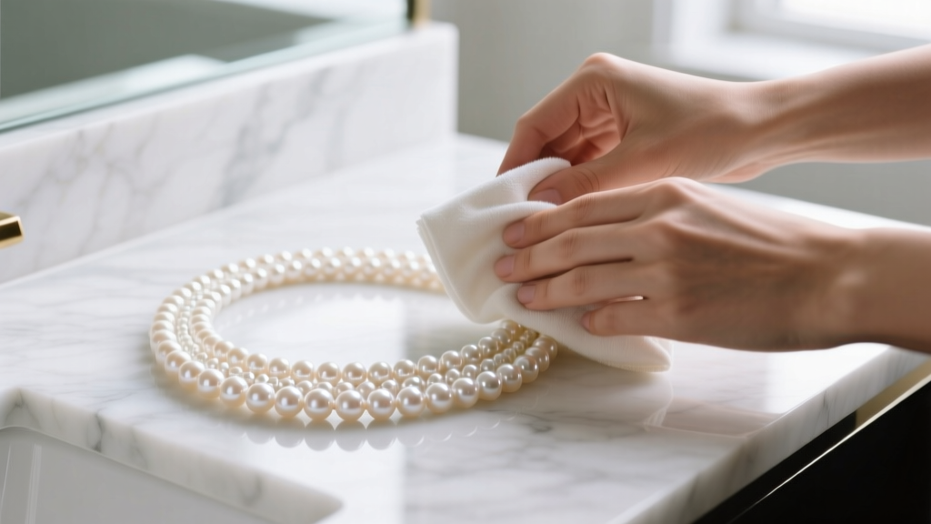 Hands wiping a multi-strand pearl collar necklace with a damp microfiber cloth on a white marble vanity under bright natural light