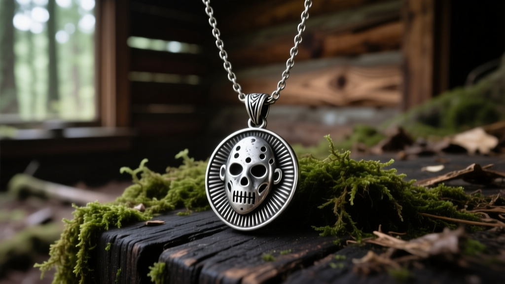 Close-up of a Linda necklace Evil Dead replica pendant in oxidized sterling silver resting on a dark, mossy wooden cabin surface.