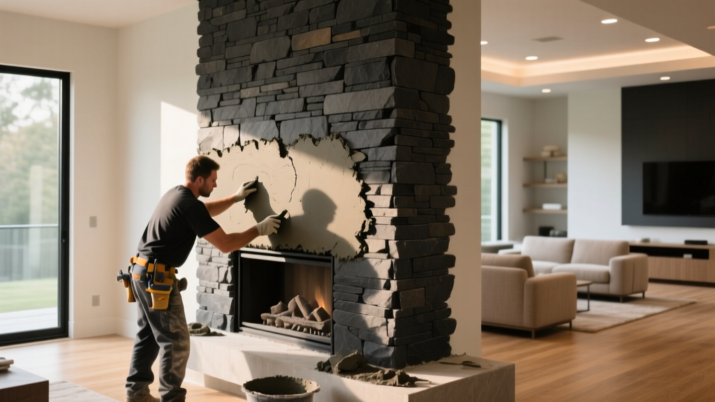 Mason applying polymer-modified mortar to dark charcoal stacked stone veneer panels on a modern living room fireplace accent wall