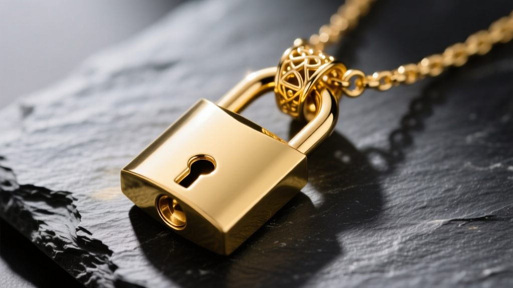 Macro shot of an 18k yellow gold padlock pendant on dark slate, highlighting the intricate swivel clasp and polished metal finish