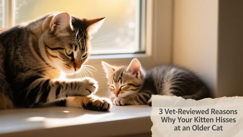 A relaxed older cat grooming itself beside a sleeping kitten on a sunlit windowsill