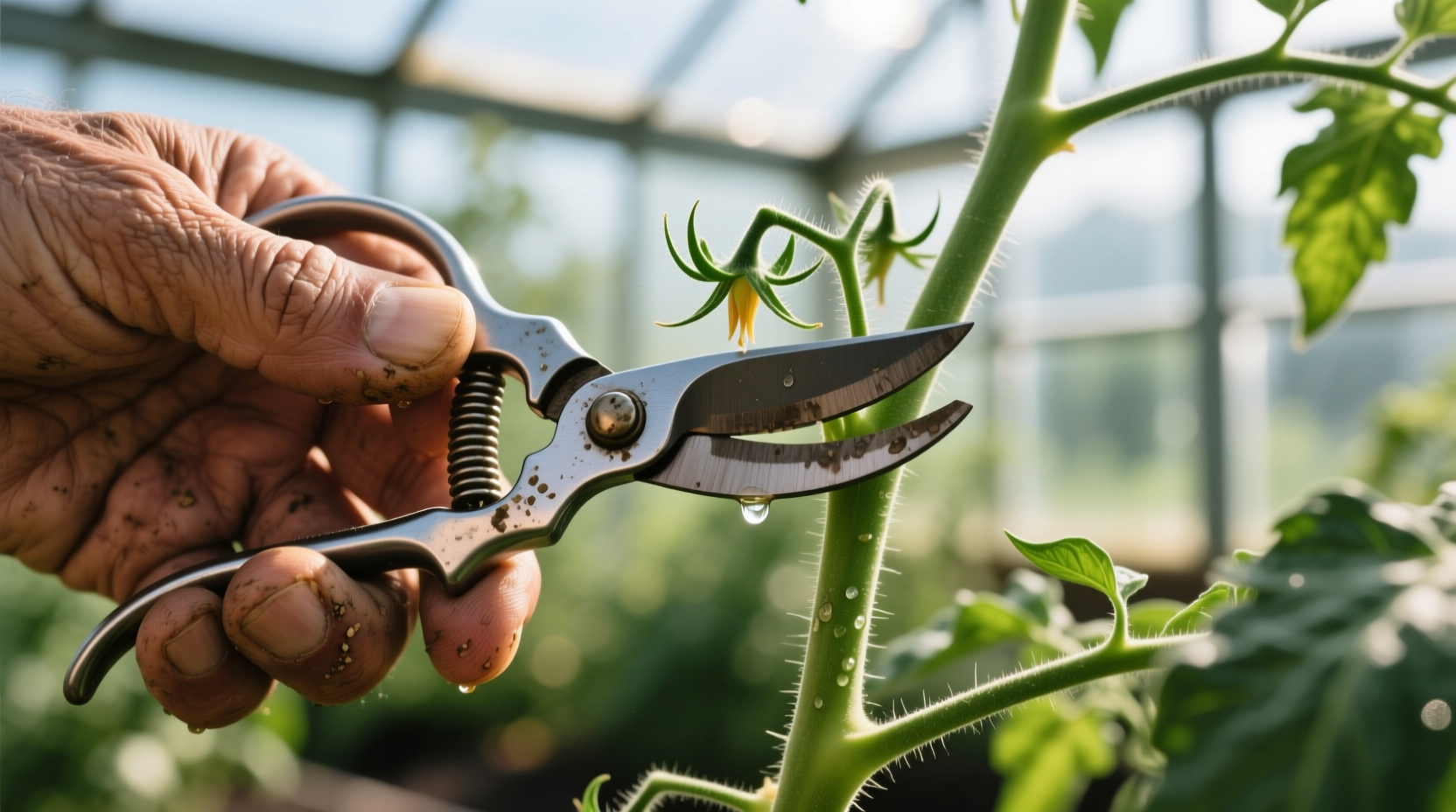 Close-up of hand pruning tomato suckers with clean cut