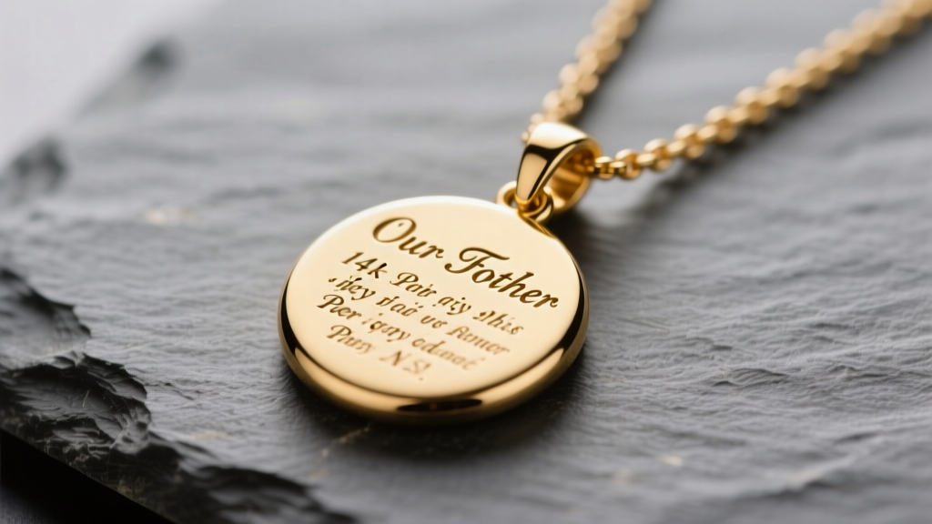 Macro shot of a 14k gold our father necklace pendant on slate, showing faint laser-engraved prayer text under soft studio lighting.