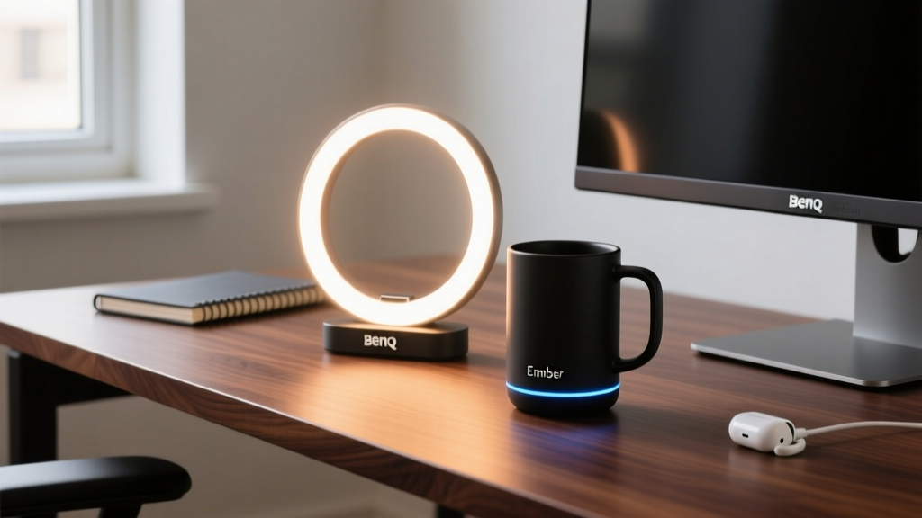 Modern minimalist home office desk featuring a glowing BenQ ScreenBar Halo monitor light and a matte black Ember Smart Mug 3 on a walnut wood surface