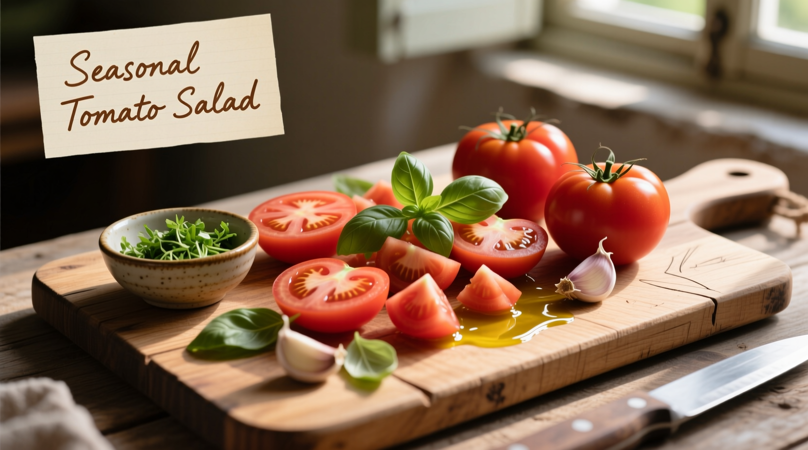 Fresh tomato recipes on wooden cutting board