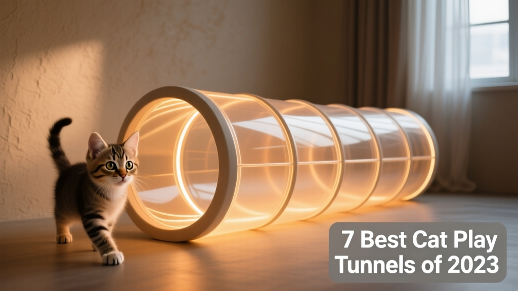 A glowing cat tunnel laid out in a darkened room, softly illuminating a curious kitten approaching from the side