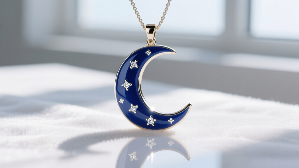 Macro shot of a crescent moon pendant with deep blue cold enamel inlay and tiny diamond stars, photographed on white velvet