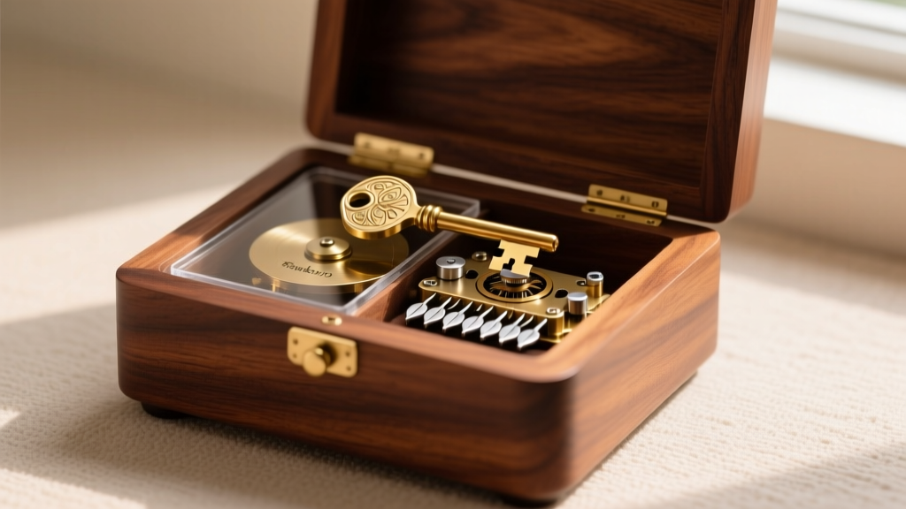 Base of Tinkerbell box showing brass key and 18-note Sankyo metal movement visible under the wooden jewelry storage base unit