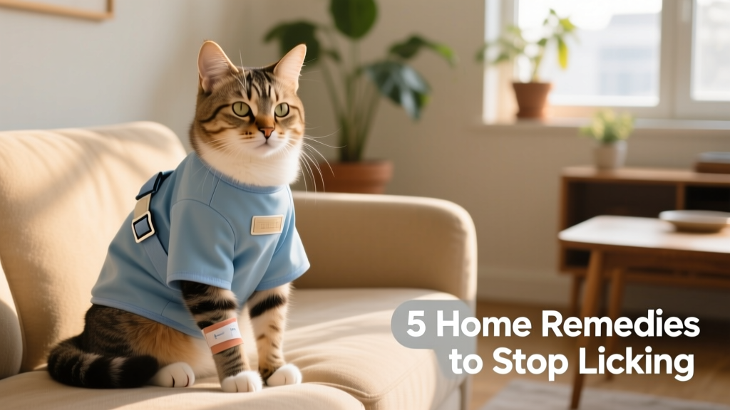 Cat wearing a soft blue recovery suit with Velcro closures, sitting calmly on a sofa