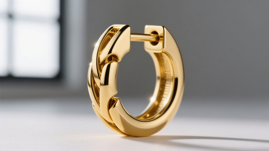 Extreme close-up of a hinged snap-back closure on a gold huggie earring showing the interlocking metal groove mechanism clearly