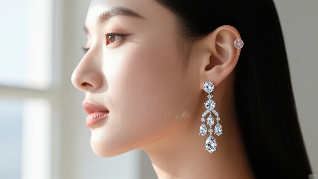 Side profile of a woman wearing perfectly hanging diamond chandelier earrings, demonstrating a flush fit achieved with clear lobe patches.