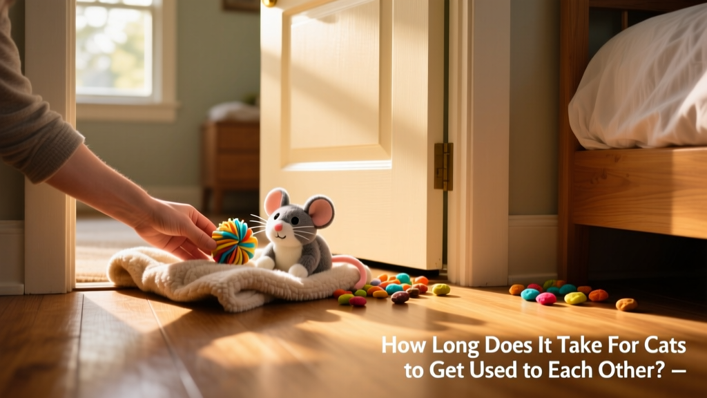 A person gently placing a small blanket with cat toys beside a closed bedroom door, with treats visible on both sides