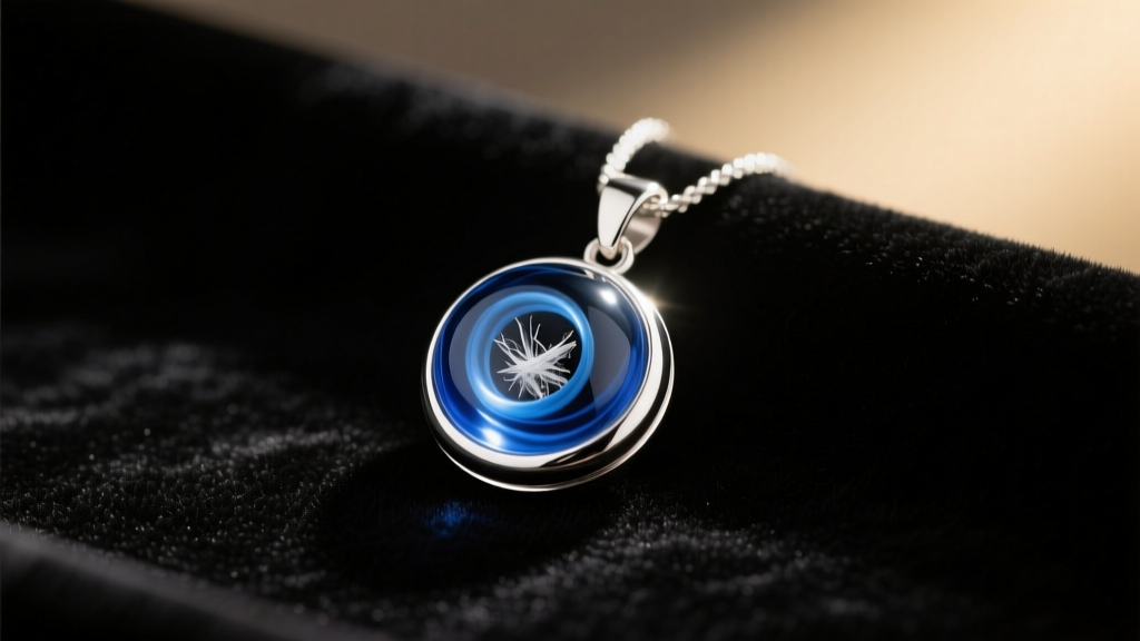 Sterling silver pendant featuring a blue glass swirl with cremated ashes, resting on dark velvet in soft, moody lighting.