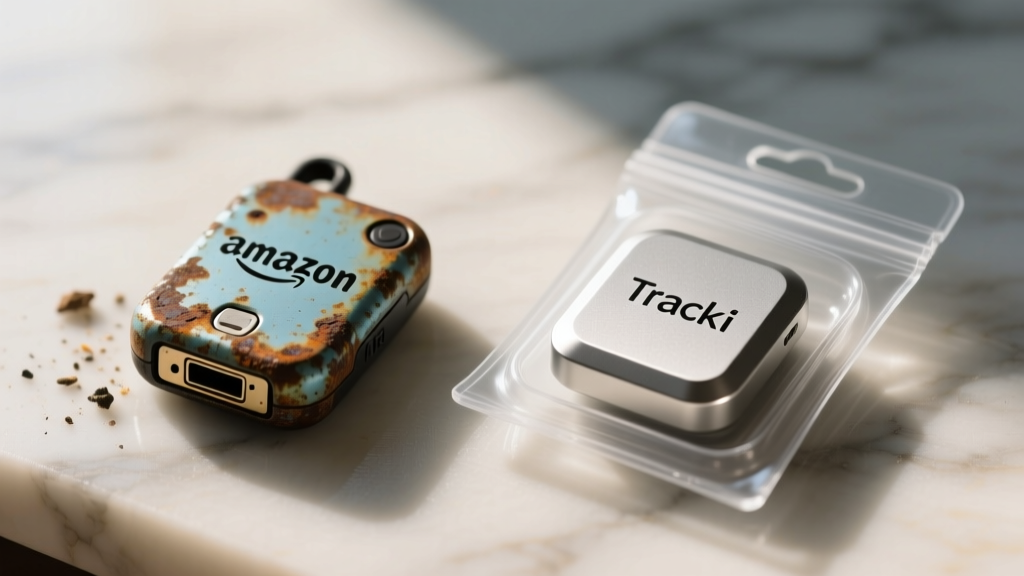 Side-by-side comparison of a generic Amazon GPS tracker corroded port next to a pristine Tracki Mini in a waterproof sleeve.