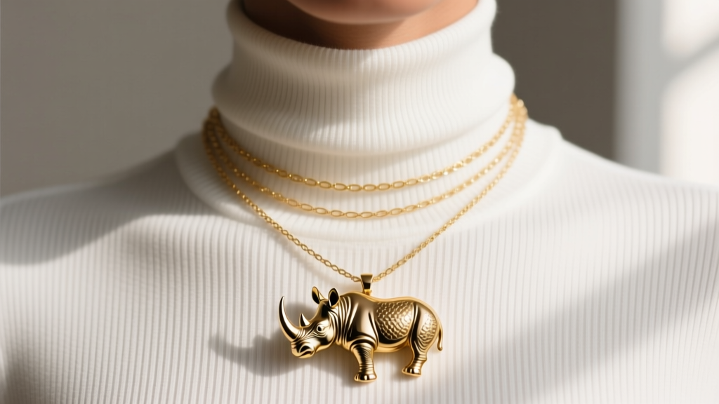 Layered necklace stack with a delicate gold chain and bold African rhino pendant, worn over a crisp white ribbed turtleneck