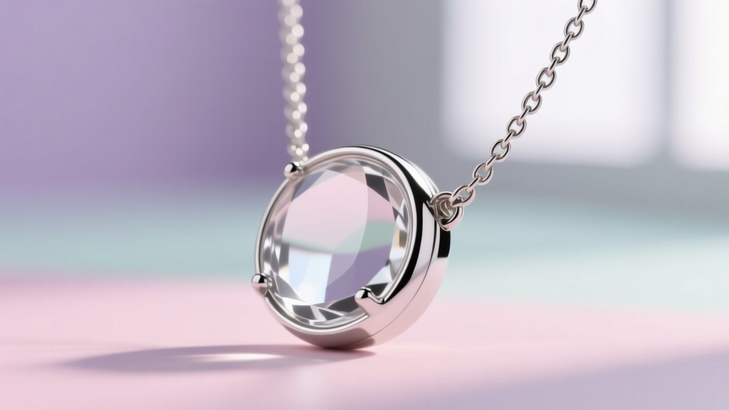 Side profile of a 316L surgical steel projection necklace, showing the glass bezel and chain against a blurred pastel backdrop.
