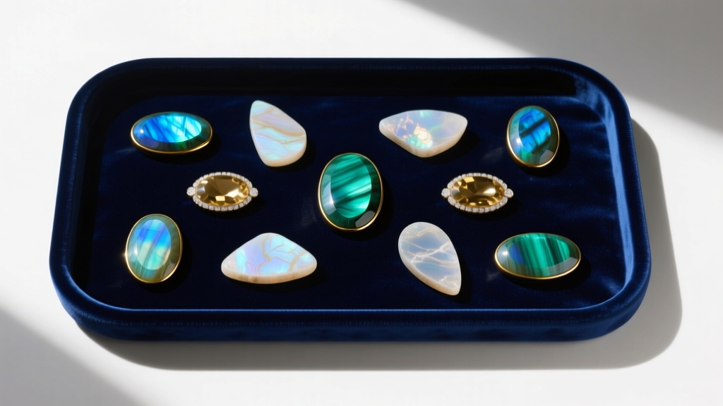 Top-down view of a velvet tray displaying calibrated oval labradorite cabochons and freeform moonstone slices under bright light.