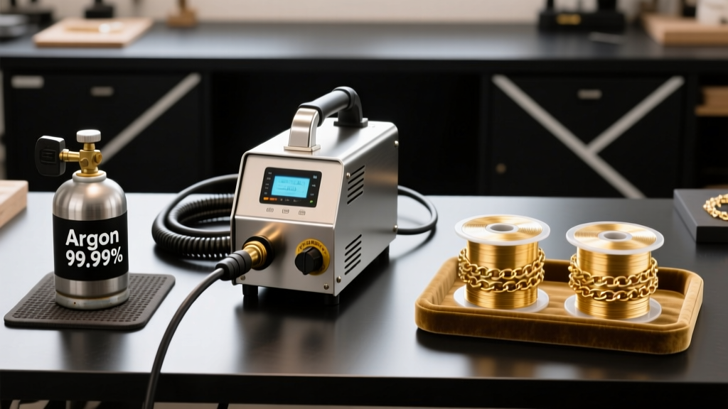 Organized permanent jewelry workstation showing a pulse arc welder, a small argon gas cylinder, and spools of 14k gold chain.